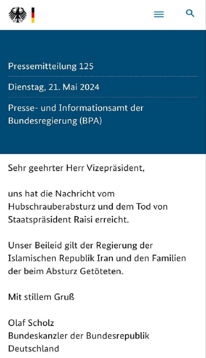 واکنش مقامات آلمان  و اروپا  به شهادت آیت¬الله رئیسی ریاست جمهوری ایران 